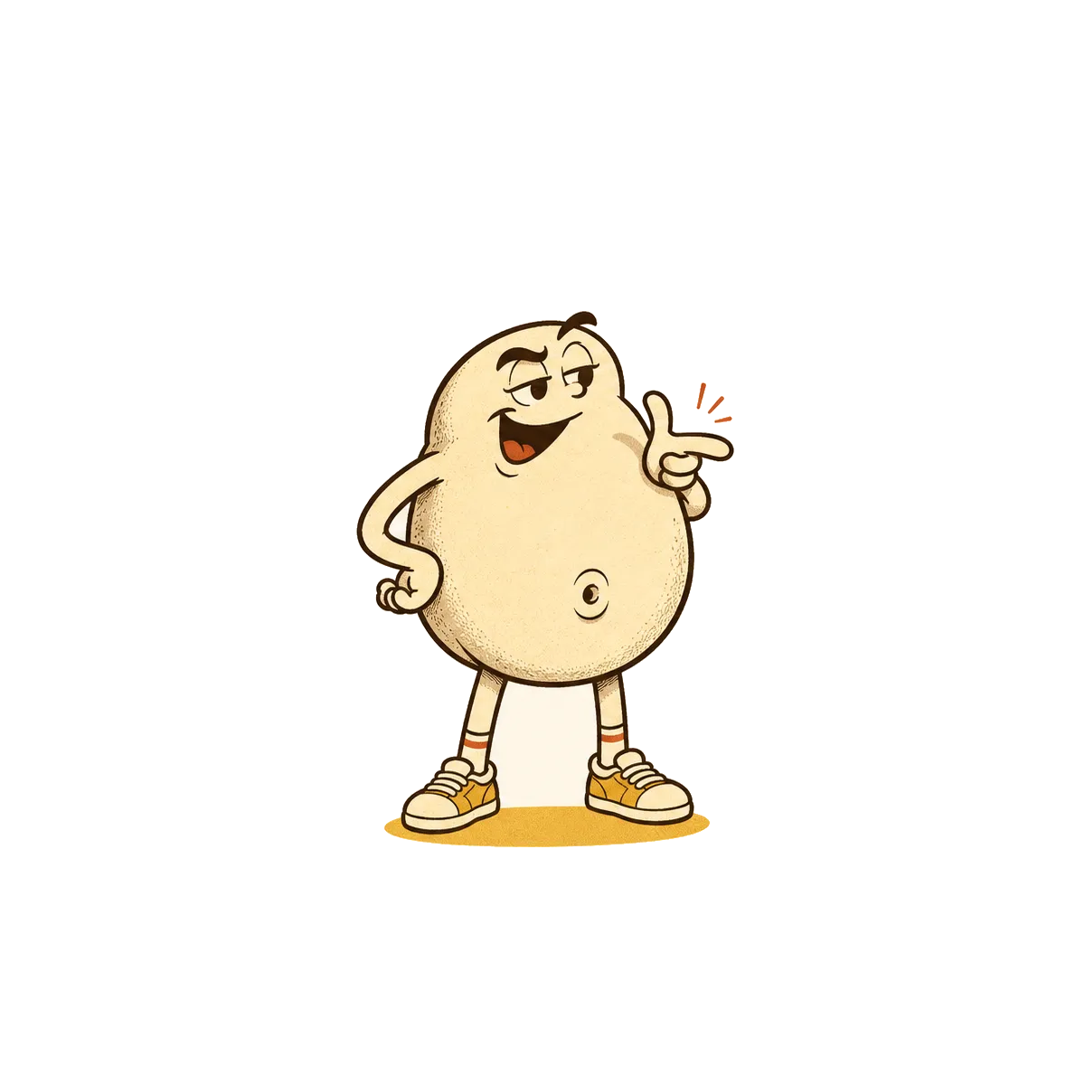 Gut Powered mascot making a confident finger-gun decision