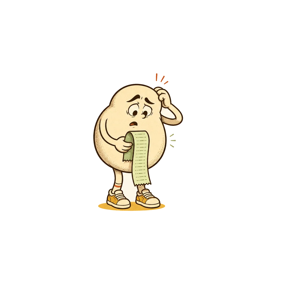 The Gut Powered mascot reviewing a long receipt with concern