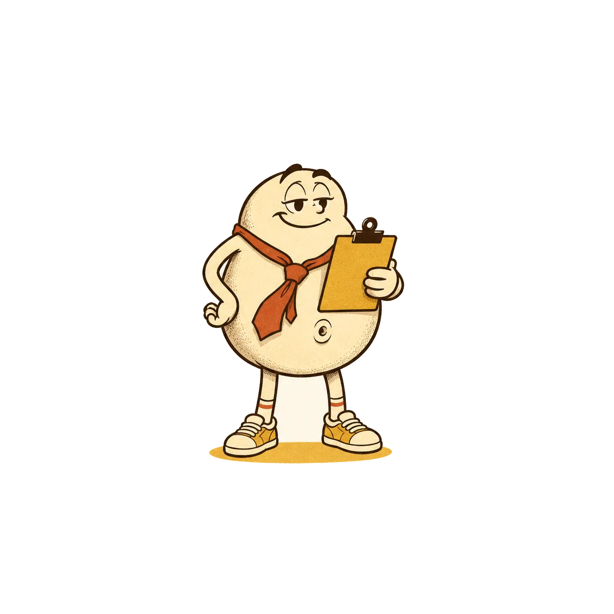 The Gut Powered mascot wearing a tie and holding a clipboard
